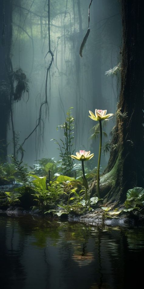 Art Sources, Forest Vibes, Fesyen Rambut, Fantasy Worlds, Personal Aesthetic, A Pond, Nature Aesthetic, Water Lilies, Fantasy Landscape