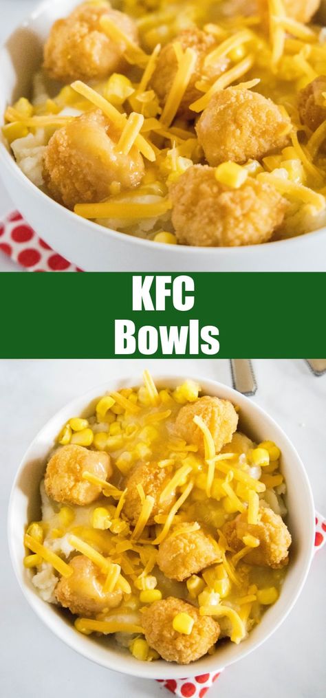 Copycat KFC Bowl - skip the takeout and make these super easy bowls at home A full meal of mashed potatoes, chicken, corn, gravy and cheese all in one! Copycat Kfc Bowl, Mashed Potatoes Chicken, Easy Bowls, Mashed Potato Bowl, Copycat Kfc, Potatoes Chicken, Bowl Meals, Cheese All, Restaurant Copycat