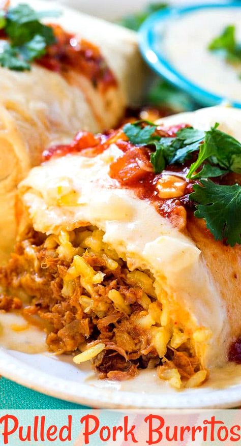 Pulled Pork Burritos with Cheesy Sour Cream Sauce. Pork Burrito Recipe, Preppy Meals, Southern Pulled Pork, Pulled Pork Burritos, Baked Burritos, Pork Burritos, Pulled Pork Leftover Recipes, Repurpose Leftovers, Spicy Southern Kitchen