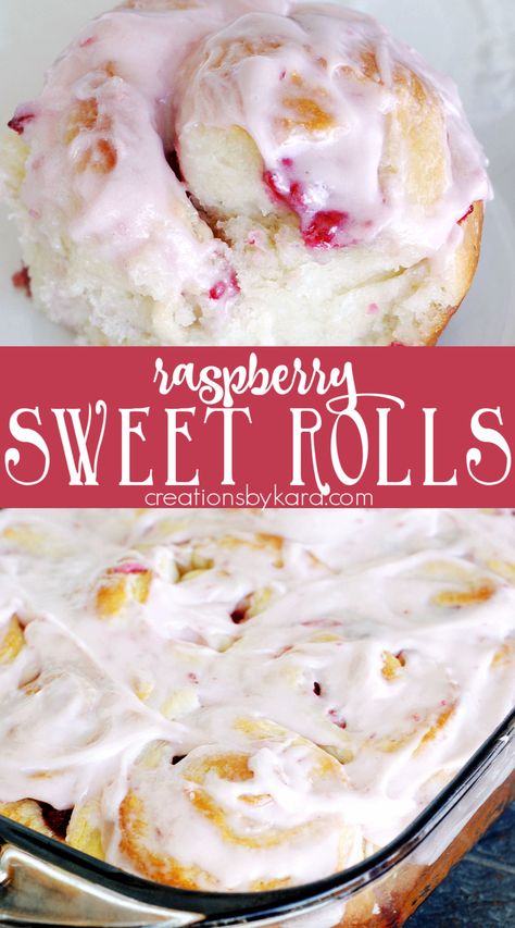 Switch out your classic cinnamon roll for these deliciously yummy raspberry rolls. These sweet rolls are perfect for brunch or as a dessert. Homemade raspberry frosting makes them extra irresistible! #raspberryrolls #sweetrolls #raspberrysweetrolls #raspberryfrosting -Creations by Kara Raspberry Rolls Recipe, Raspberry Rolls, Raspberry Sweet Rolls, Sweet Rolls Recipe, Raspberry Frosting, Dessert Homemade, Sweet Roll Recipe, Sweet Rolls, Magic Recipe