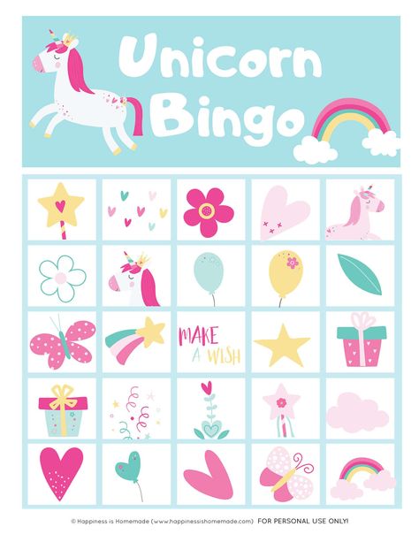 Download our FREE Printable Unicorn Bingo Game Cards to play this fun and colorful unicorn game! This Unicorn Bingo Game is a blast for kids and adults of all ages – perfect for a unicorn birthday party, family game night, sleepover, unicorn-themed baby shower, and more! Unicorn Bingo Free Printable, Unicorn Birthday Party Games, Birthday Party Unicorn, Hello Kitty Theme Party, Unicorn Games, Bingo Games For Kids, Small Birthday Parties, Colorful Unicorn, Unicorn Printables