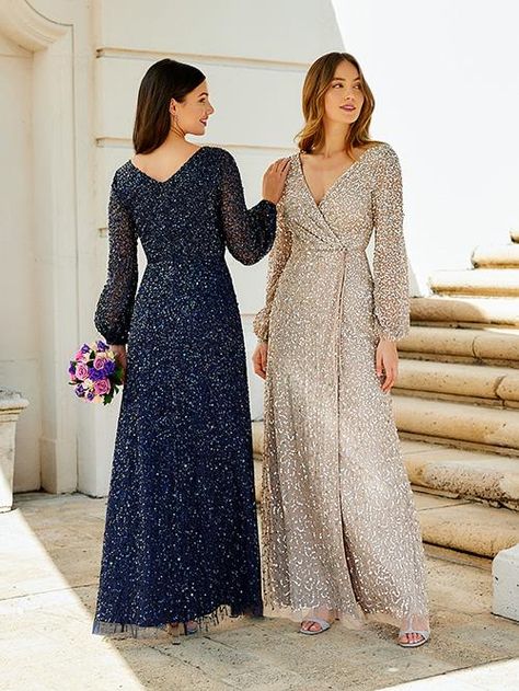 Fashion forward sheer blouson sleeves bring a sophisticated look to this allover sequined and beaded wrap front gown. A deep v front gently crosses over to be joined with a soft fabric tie. A modest opening allows for movement in this elegant gown. Adrianna Papell Wedding Dress, Wrap Dress Bridesmaid, Sequin Bridesmaid, Long Sleeve Sequin Dress, Sequin Bridesmaid Dresses, فستان سهرة, Long Sleeve Sequin, Mothers Dresses, Adrianna Papell Dresses