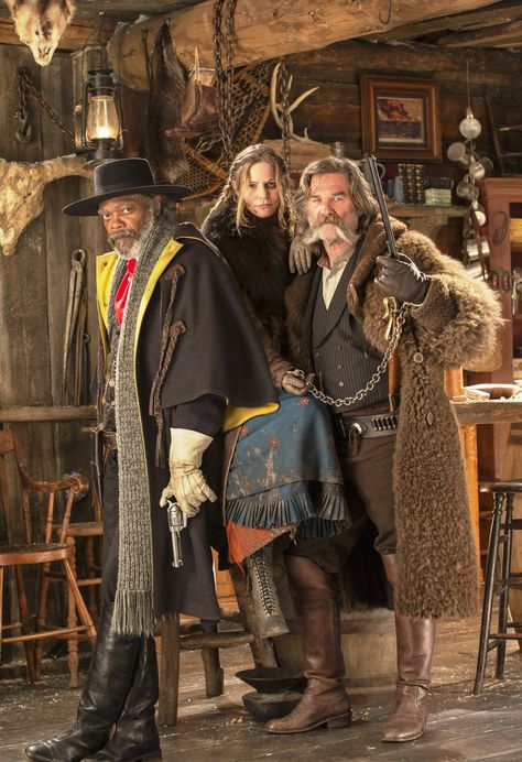 "The Hateful Eight" promo still, 2015.  L to R: Samuel L. Jackson, Jennifer Jason Leigh, Kurt Russell. Western Spaghetti, Jennifer Jason Leigh, Quentin Tarantino Films, The Hateful Eight, Quentin Tarantino Movies, Film Characters, Weird West, Tarantino Films, Cow Boys