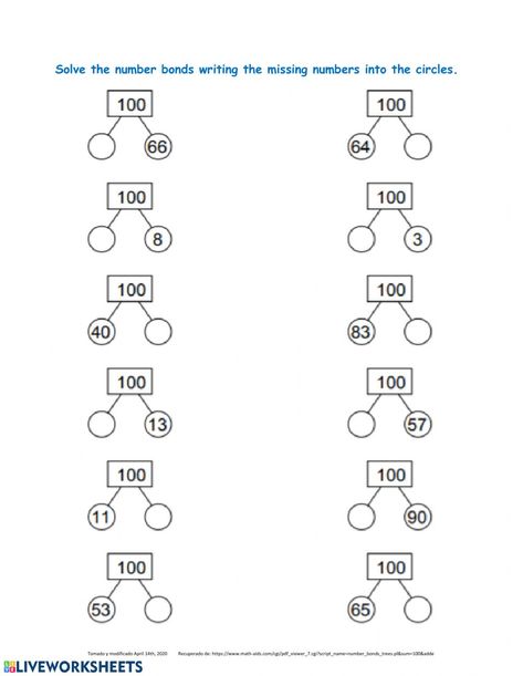 NUMBER BONDS 100 worksheet Number Bonds To 100 Worksheets, Number Bonds To 100, Number Bonds Worksheets, Anchor Charts First Grade, Math Multiplication Worksheets, Number Bonds To 10, Place Value With Decimals, Number Talks, Number Bond