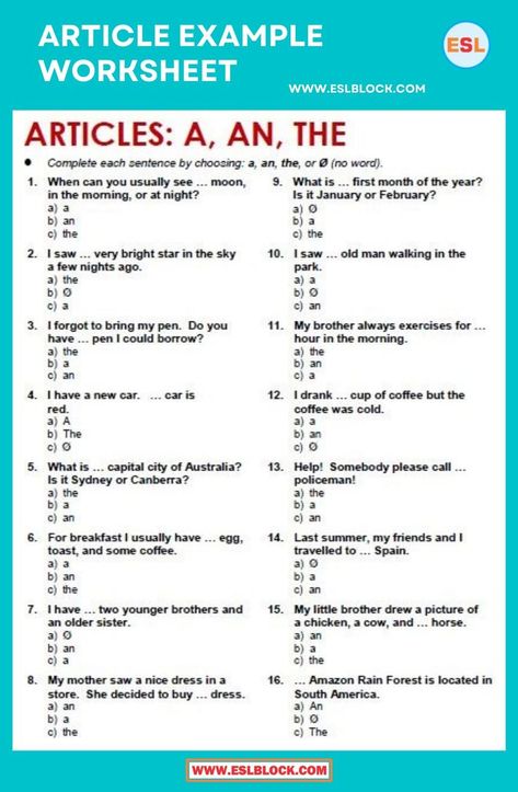 Articles In English Grammar, Indefinite Articles, Definite And Indefinite Articles, Article Grammar, Types Of Sentences Worksheet, Articles Worksheet, English Articles, Types Of Sentences, English Grammar Worksheets