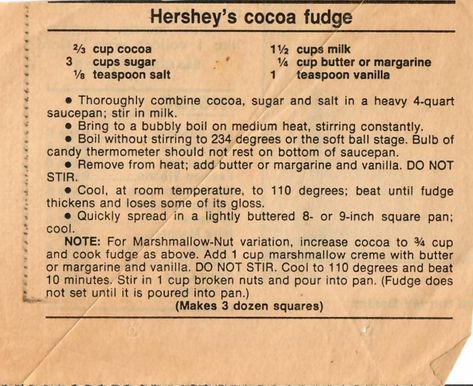 Hersheys Cocoa Fudge Recipe, Hershey's Old Fashioned Fudge Recipe, Hershey Cocoa Fudge Recipe, Hershey Fudge Recipe, Mocha Fudge Recipes, Old Recipes Vintage, Old Fashion Fudge Recipes, Hersheys Cocoa Fudge, Cocoa Fudge