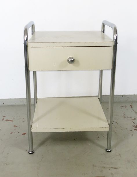 Cream Nightstand, Nightstand Shelf, Bauhaus Design, Table Side, Chrome Frame, Bedside Tables, A Shelf, Light Beige, Bedside Table