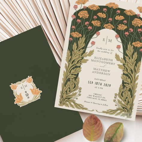 Olive & Orange Wedding Vintage Art Nouveau Floral Invitation Art Deco Invites, Nouveau Wedding Invitations, Art Nouveau Wedding Invitation, Vintage Floral Wedding Invitations, Vintage Floral Wedding, Olive Green Weddings, Deco Wedding Invitations, Nouveau Wedding, Invitations Pink