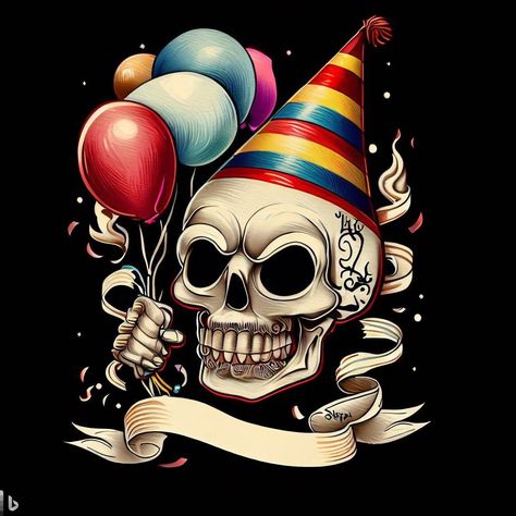 Skull Happy Birthday, Party Hat Drawing, Skeleton Tattoo, Funny Art Prints, Skeleton Tattoos, Emoji Birthday, Happy Birthday Dad, Funny Skeleton, Art Birthday