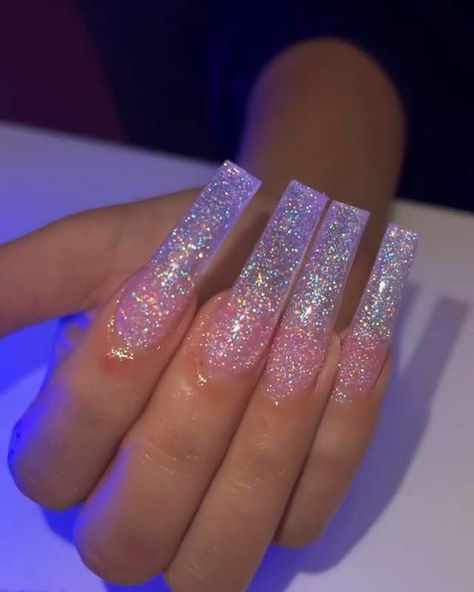 Baddie Glitter Nails, Long Acrylic Nails Clear, Acrylic Nails Clear Glitter, Long Glitter Acrylic Nails, Long Acrylic Nails Glitter, Sparkly Nails Coffin, Long Sparkly Nails, Sparkly Acrylic Nails Coffin, Nails Clear Glitter