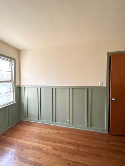 Wall Panelling Around Window, Green Wall With Wainscoting, Two Tone Sage Walls, Green Board And Batten Nursery, Half Green Wall, Half Wood Panel Walls, Green Wainscoting, Shiplap Half Wall, Half Wall Paneling Ideas