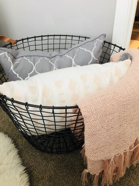 Black Wire Basket, Metal Basket, Blanket Basket, Pillow Decor, Metal Baskets, Wire Basket, In The Bedroom, First Apartment, Wire Baskets