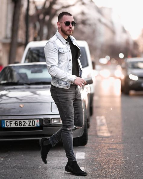 STYLE 🔥 on Instagram: “-No need to make a pose. This photo has been taken while walking with my sunglasses from @christophercloos . What do you prefer between…” Jeans Outfit For Men, Faded Black Jeans Outfit, Black Jeans Outfit Mens, Jeans Combination, Colour Jeans, Unique Jeans, Jeans Outfit Men, Faded Black Jeans, Denim Jacket Outfit