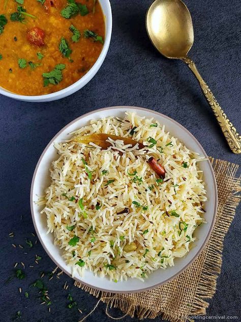 Dal Rice, Jeera Rice Recipe, How To Make Jeera Rice, Kadhi Rice Photography, Rice And Curry Photography, Zarda Rice Recipe, Jeera Rice And Dal Fry, Dal Fry, Indian Rice