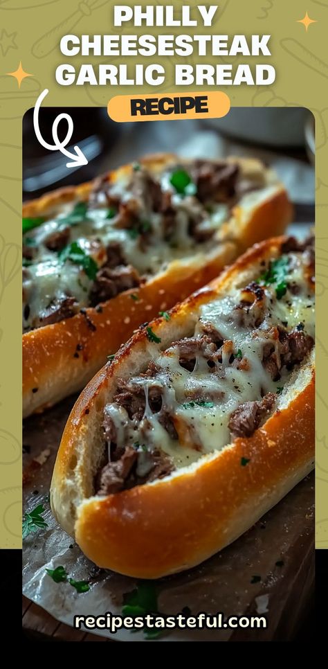 This Philly Cheesesteak Garlic Bread combines the bold flavors of a classic Philly cheesesteak with the irresistible aroma and crunch of garlic bread. It’s loaded with tender ribeye steak, caramelized onions, bell peppers, and gooey cheese on a buttery, garlic-infused bread base. Perfect for gatherings or a comforting family meal, this dish is a guaranteed crowd-pleaser. #PhillyCheesesteak #GarlicBread #CheesyGarlicBread #ComfortFood Tender Ribeye Steak, Homemade Philly Cheesesteak, Cheesesteak Sandwich, Breaded Steak, Philly Cheese Steak Recipe, Cheese Steak Sandwich, Garlic Bread Recipe, Cheesy Garlic Bread, Philly Cheesesteak