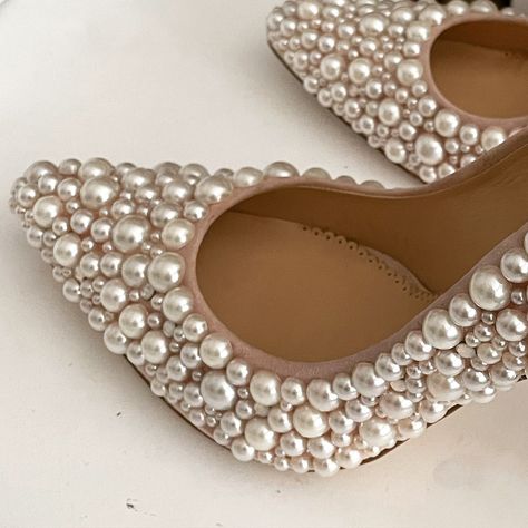 Pointed toe wedding shoes with ivory pearl detail Pearls Theme Wedding, Pearl Wedding Details, Pearly Heels, Pearl Wedding Theme, Pearl Themed Wedding, Pearl Wedding Decor, Shoes With Pearls, Pearls Wedding Theme, Pearl Shoe