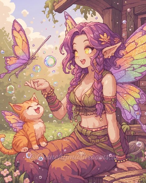 🫧 . . . #aiart #cozy #cozyvibes #aipixelart #niji Painted Fairies, Fairy Character Art, Fairy Cat Drawing, Magical Cat Art, Fae Witch, Adopt Inspiration, Purple Fairy Drawing, Fairy Kitty, Pixie Art