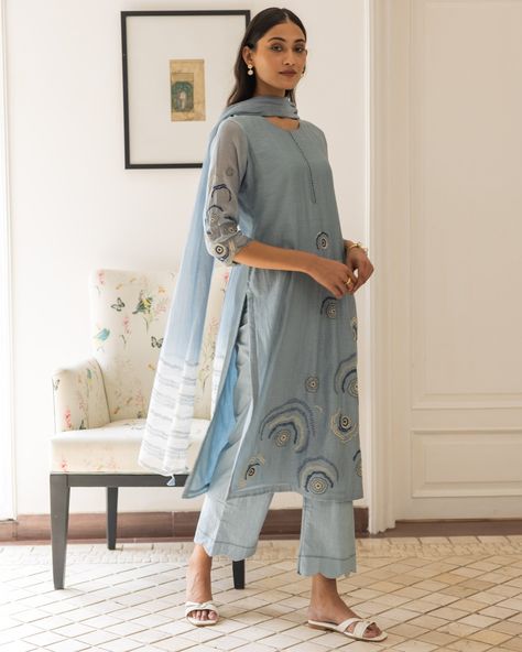 With delicate floral embroidery and breezy blue hues, our powdered blue kurta set is the epitome of summer chic. Whether you're indulging in a leisurely brunch or strolling along the beach boardwalk, this ensemble effortlessly combines elegance and comfort. Shop now at vaayu.co.in #VaayuClothing #Summer24 #ShopNow " Indian Formal Wear, Cotton Suit Designs, Soft Ombre, Patiala Suit Designs, Simple Kurti Designs, Straight Fit Pants, Sleeves Ideas, Boutique Dress Designs, Blazer Designs