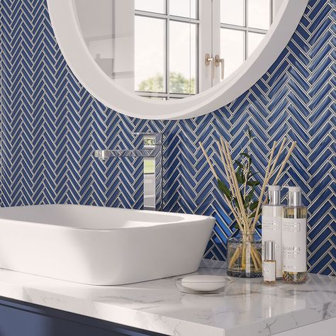 Herringbone Tile Fireplace, Blue Herringbone Tile, Backsplash Herringbone, Herringbone Mosaic Tile, Blue Subway Tile, Blue Glass Tile, Herringbone Wall, Mosaic Tile Sheets, Shower Wall Tile