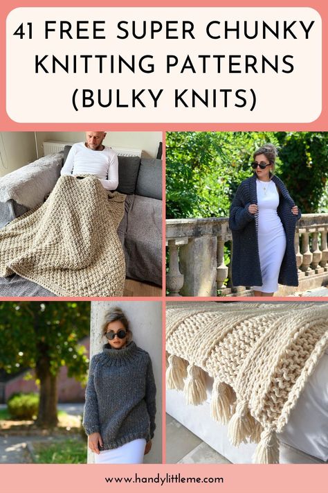 41 Free super chunky knitting patterns. Looking for cozy and stylish knitting projects? Check out these free super chunky knitting patterns that are perfect for beginners and experienced knitters alike! Chunky Wool Knitting Patterns Free, Free Chunky Knitting Patterns, Easy Blanket Knitting Patterns, Chunky Knit Sweater Pattern, Super Chunky Wool, Knitting Things, Bulky Knit, Knit Blankets, Easy Knitting Projects