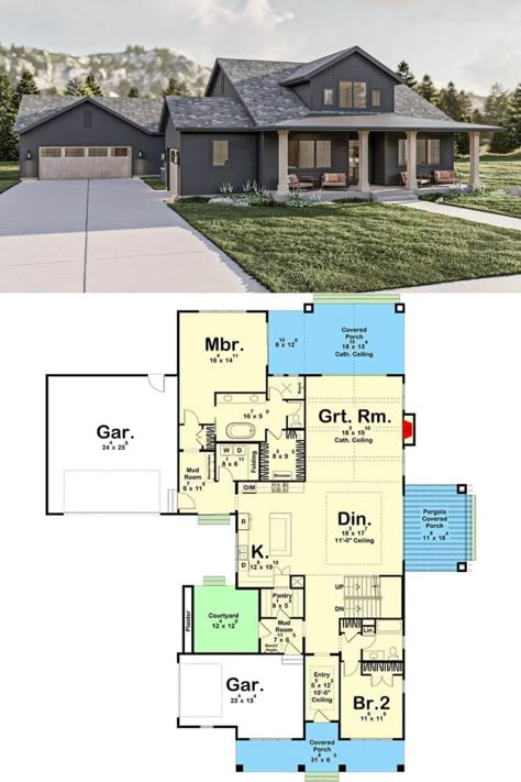 House Plan With Courtyard, Rustic House Decor, Farmhouse Floor Plan, Farmhouse Exterior Ideas, House Decor Farmhouse, Farmhouse Backyard, Craftsman Farmhouse, Garage Floor Plans, Craftsman Design