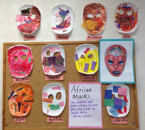 All around the world: Africa. Preschool children used scraps of paper to create an African mask. African Mask Craft For Preschool, Diversity Art Preschool, African Art Preschool, Multicultural Lesson Plans Preschool, Traveling Around The World Preschool, Culture Week Preschool, African Activities For Preschool, Africa Preschool Crafts, Africa Preschool