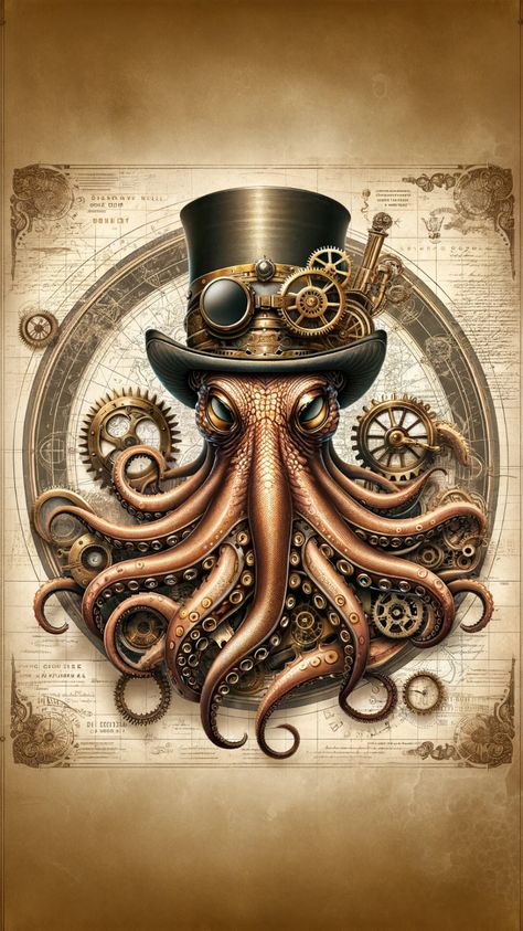 Dive into the depths of imagination with a mesmerizing steampunk octopus. Its intricate tentacles are adorned with gears and its watery world transformed into a realm of mechanical enchantment. Explore the mysteries of the deep as this mechanical marvel navigates the ocean's embrace. Steam Punk Wallpaper, Steampunk Wallpaper, Steampunk Mixed Media Art, Steampunk Images, Steampunk Tattoo, Steampunk Illustration, Steampunk Animals, Sea Creatures Art, Octopus Tattoo Design