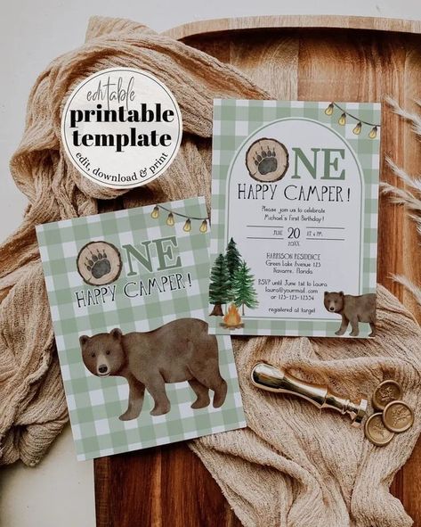 Celebrate your little boy's first birthday with our Happy Camper Bundle! This editable one-bundle includes adorable national park-themed invitations, perfect for a backyard camping or camper-themed birthday party. With easy customization, this first birthday suite makes party planning a breeze. Download and print to add delightful camper decorations and set the stage for a bear hunt adventure. Make your little camper's 1st birthday one to remember! #eventplanning #partyplanning #birthdayparty... Camping Second Birthday Party, Camping 1st Birthday, Camper Decorations, One Happy Camper First Birthday, Happy Camper Birthday Party, Beary First Birthday, One Happy Camper, Bear Hunt, Woodland Bear