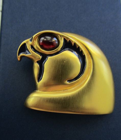 Vintage MMA Metropolitan Museum Of Art Egyptian Horus Falcon Head Diety 24K Gold Plated Carnelian Cabochon Brooch Pin Unisex Jewelry Gift EC Egyptian Falcon, Horus Falcon, Egyptian Horus, Original Necklace, Blue Pigment, Book Pieces, Eye Of Horus, Bone Carving, Women Names