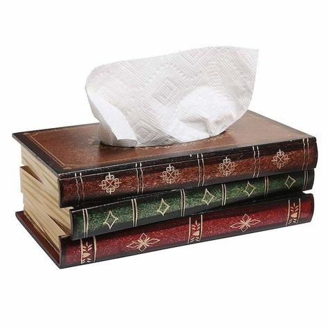 A tissue box shaped like a stack of books to match the many titles you have posted up in your house. Bathroom Towel Decor, Facial Tissue Box, Tissue Dispenser, Buch Design, Kleenex Box, Bathroom Tissue, Clever Gift, Tissue Box Holder, Design Wood