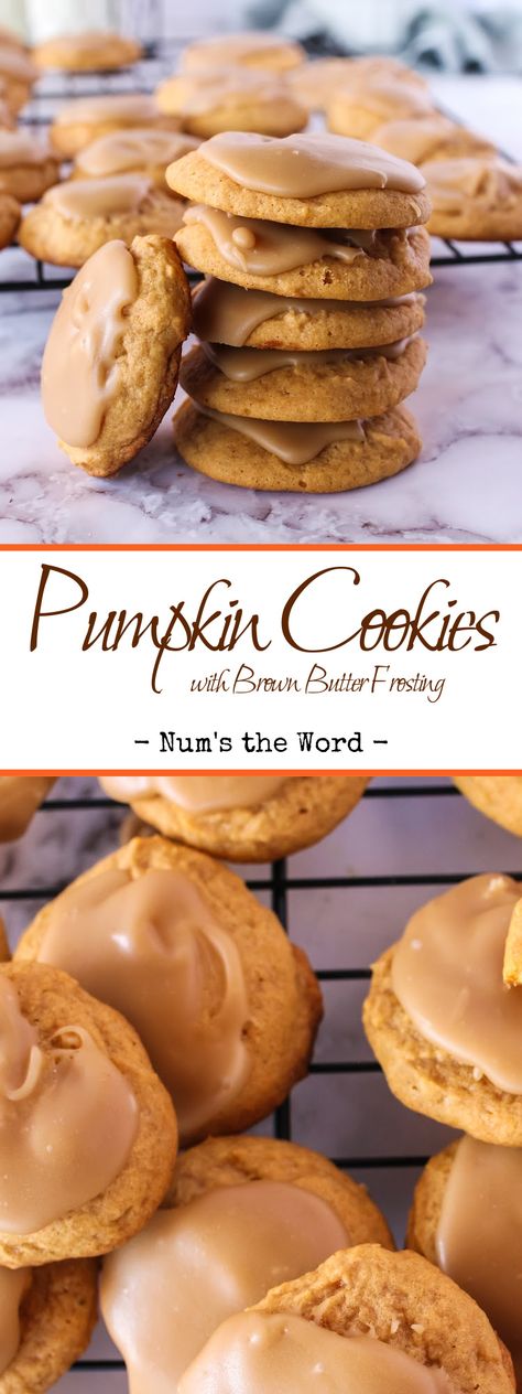 These delicious pumpkin cookies with brown butter frosting are one of those cookie recipes I pull out all year long, but I especially like to make them during the fall season. #pumpkincookiewithbrownbutterfrosting #brownbutterfrosting #brownbuttericing #brownbutterpenuche #penuchefrosting #penucheicing #penuche #pumpkincookierecipe #pumpkincookie #easy pumpkin cookies #icedpumpkincookies #frostedpumpkincookies #numstheword Pumpkin Cookies Brown Butter Icing, Pumpkin Flavored Cutout Cookies, Brown Butter Iced Pumpkin Cookies, Pumpkin Sugar Cookies Pillsbury, Copycat Pilsbury Pumpkin Sugar Cookies, Amazing Cookie Recipes, Popular Desserts, Holiday Cookie Recipes, Best Cookie Recipes