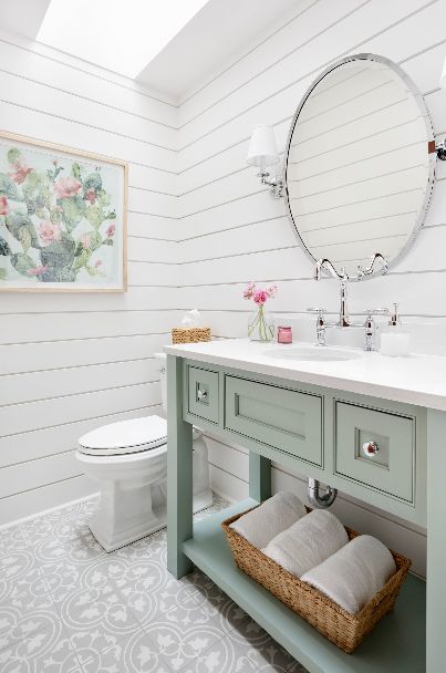 Shiplap Bathroom Wall, Green Vanity, Shiplap Bathroom, Cement Tile Shop, White Shiplap, Rustic Bathroom, Ship Lap Walls, Farmhouse Bathroom, Bathroom Styling