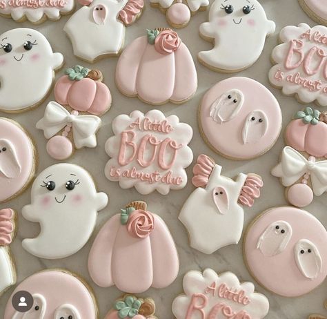 Baby Shower Halloween Cookies Girl, A Boo Is Due Cookies, Little Boo Baby Shower Ideas Cake, Halloween Baby Shower Cookies Girl, Pink Ghost Baby Shower Ideas, Babygirl Baby Shower Ideas, Baby Shower Halloween Theme Girl, A Little Boo Is Almost Due Cookies, Pastel Halloween Baby Shower Ideas