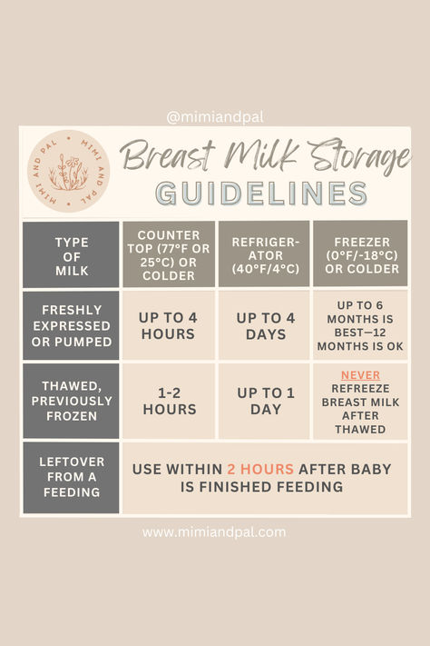 This is a chart showing the breastfeeding guidelines for milk storage based on the CDC Guidelines. Milk Storage Guidelines, Breast Milk Storage Guidelines, Breast Milk Storage, Pumping At Work, Mom Printable, Milk Storage, Breastmilk Storage Bags, Breastmilk Storage, Nursery Room Inspiration