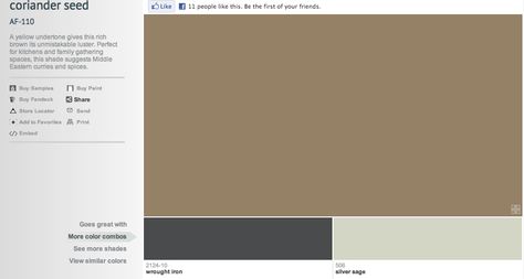 Benjamin Moore Coriander Seed; for my dining room panels Dining Room Paneling, Coriander Seed, Coriander Seeds, Saturated Color, New House, Benjamin Moore, Exterior Colors, Color Names, Wall Colors