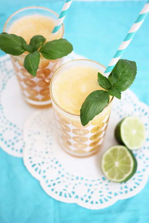 Peach and Basil Frozen Daiquiri Peach Basil, Peach Daiquiri, Frozen Daiquiri, Frozen Cocktail, Fun Drinks Alcohol, Frozen Summer, Recipes For The Whole Family, Pop Fizz Clink, Light Rum