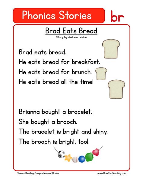 Brad Eats Bread Phonic Stories, Phonics Stories, Phonics Reading Passages, First Grade Reading Comprehension, Phonics Readers, Teaching Reading Comprehension, Kindergarten Phonics Worksheets, Teach Reading, Have Fun Teaching