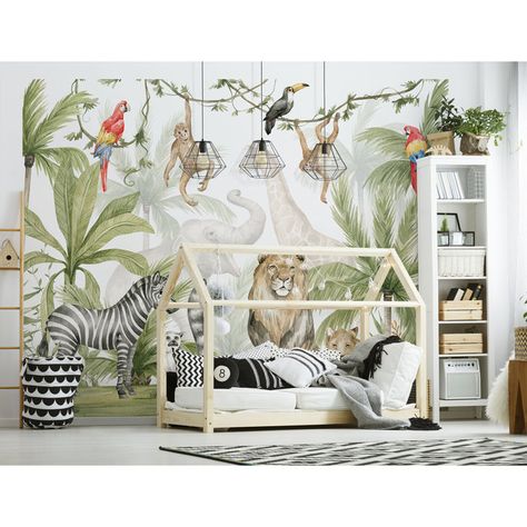 Loon Peak® Connie-Rose Jungle Safari 8' L x 120'' W 6-Panel Wall Mural | Wayfair Safari Mural, Safari Bedroom, Safari Kids, Jungle Mural, Waves Design, Safari Wallpaper, Nursery Wall Murals, Waves Wallpaper