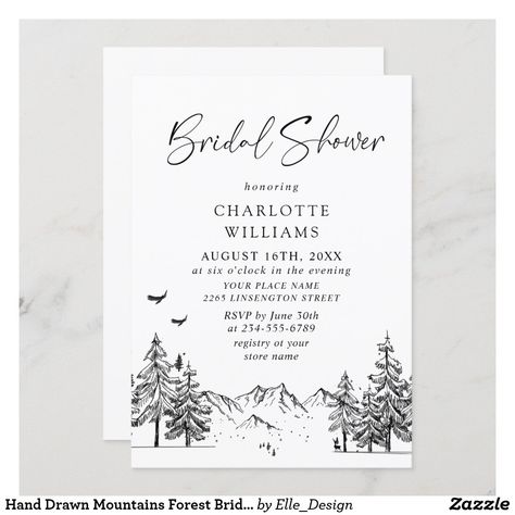 Hand Drawn Mountains Forest Bridal Shower Invitation Drawn Mountains, Winter Engagement Party, Boho Bridal Shower Invitations, Forest Engagement, Mountains Forest, Mountain Drawing, Rehearsal Dinner Invitation, Couples Shower Invitations, Boho Bridal Shower