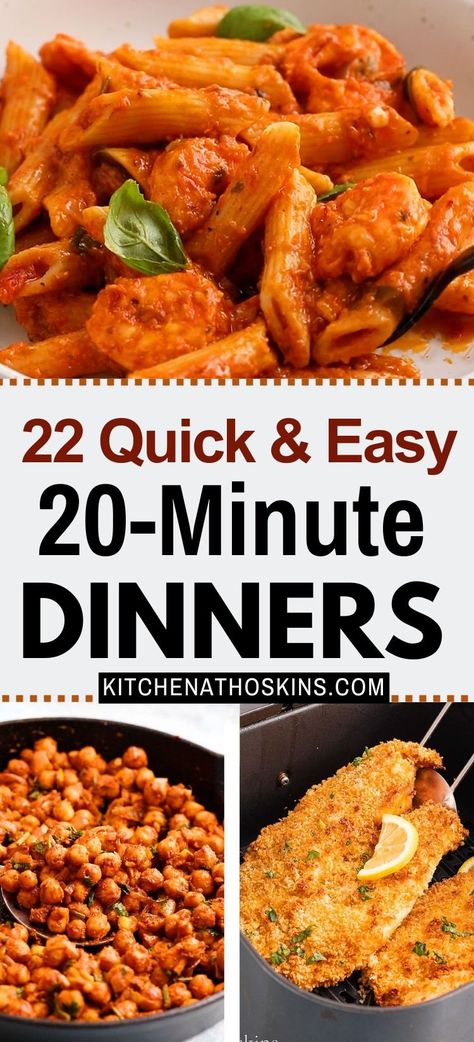 Discover easy 20 minute dinner recipes for family that are mostly healthy, quick, perfect for busy weeknights and are ready in 20 minutes or less. You will find easy meals using chicken, tenders, burgers and also seafood dishes like shrimp and tilapia along with vegetarian dinners like 5 ingredient pasta for an easy dinner solution. Get the best 20 minute dinner ideas at kitchenathoskins.com. Dinner With Little Ingredients, Quick Dinner For 2 Simple Easy Meals, Quick 30 Minute Dinner Ideas, Simple Quick Dinner Ideas 3 Ingredients, Simple Weekday Dinners, Dinner Ideas Easy Quick 5 Ingredients Healthy, Healthy 20 Minute Meals, Lazy Girl Dinner Easy Recipes, Easy One Person Meals Quick