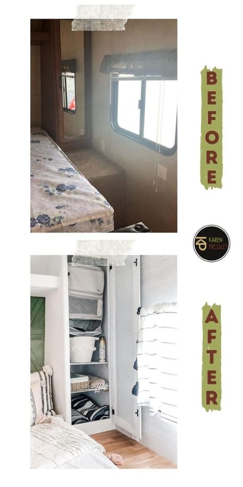 Renovated Rvs Before And After, Rv Bedroom Remodel Before And After, Jayco Flight Remodel, Springdale Camper Remodel, Camper Closet Remodel, Class C Remodel Rv Interior, Motorhome Remodel Class C, C Class Rv Remodel, 5th Wheel Bedroom Remodel