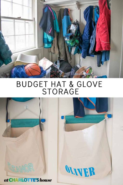 Our hats and gloves were constantly overflowing and getting lost in the mudroom, so I figured out a way to make these easy DIY canvas storage bags for each of the kids and now… they can find what they need every morning! Everyone’s MUCH happier! #handmadebyjoann #ad Storage Ideas For Hats And Gloves, Organize Hats And Gloves, Hats And Gloves Storage Entryway, Hats And Mittens Storage, Hat And Gloves Storage, Hats Gloves Scarves Storage, Hat And Glove Storage, Glove Storage, How To Organize Winter Hats And Gloves