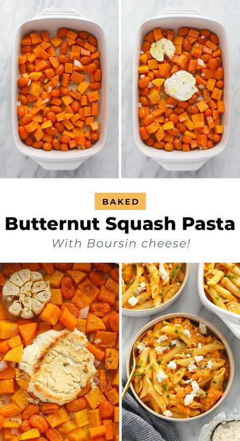 This creamy butternut squash pasta is made with the most delicious and CHEESY baked butternut pasta sauce that is made with roasted butternut squash, tomatoes, and an entire brick of Boursin cheese! Butternut Sauce, Butternut Pasta, Boursin Cheese Pasta, Creamy Butternut Squash Pasta, Butternut Squash Recipes Pasta, Butternut Squash Pasta Sauce, Cream Cheese Pasta, Creamy Butternut Squash, Baked Butternut Squash