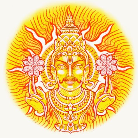 An illustration of Surya the Sun God from Hindu Mythology Surya Sun God, Sun Rangoli, Sun God Drawing, Surya Tattoo, Sun God Tattoo, Nav Grah, Sun God Art, Surya God, Tattoo Design Meaning