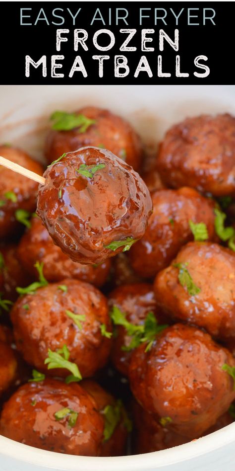 Learn how to cook frozen meatballs in the air fryer for an easy appetizer or meal! The 2-ingredient sauce is simple and delicious. Meatballs In Air Fryer, Meatballs In The Air Fryer, Pot Luck Dishes Easy, Cooking Frozen Meatballs, Skewer Appetizers, Toasted Ravioli, Frozen Meatballs, Best Appetizer Recipes, Frozen Meat