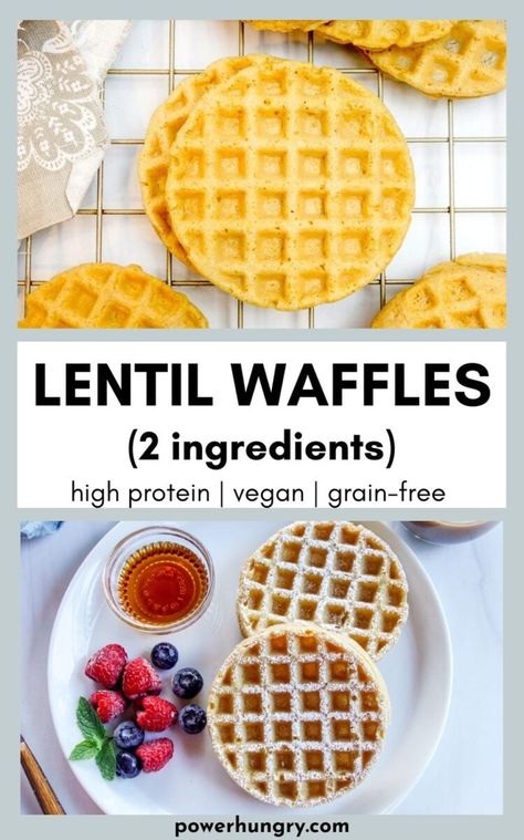 High protein lentil waffles, made with 2 ingredients. They are vegan, gluten-free, grain-free, oil-free, and can be used as bread, too. #lentils #highprotein #veganprotein #proteinwaffles #waffles #grainfree #glutenfree #oilfree #lentilbread #vegan #veganwaffles #proteinbread #proteinsnack #proteinbreakfast #veganrecipe #veganrecipes #2ingredients #2ingredientrecipe Red Lentil Waffles, Red Lentil Breakfast Recipes, Balancing Macros, Lentil Waffles, Lentil Pancakes, Lentil Bread, Waffles Vegan, Lentils Protein, Budget Vegan