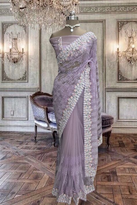 Beautiful light purple net saree with sequins work and running blouse piece Purple Net Saree, Light Saree, Lavender Saree, Wedding Fits, Bridal Jewellery Inspiration, Pengantin India, Princess Stories, Simple Saree Designs, Sari Design