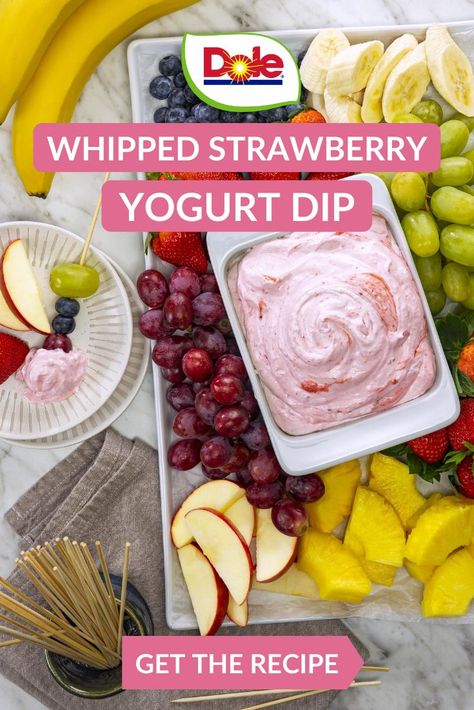 Add a little interest to your fruit tray with this Whipped Strawberry Yogurt Dip! Dole Recipes, Snacks Fruit, Sweet Dips, Recipes Yummy, Yogurt Dip, Charcuterie Inspiration, Strawberry Yogurt, Charcuterie Recipes, Dessert Dips