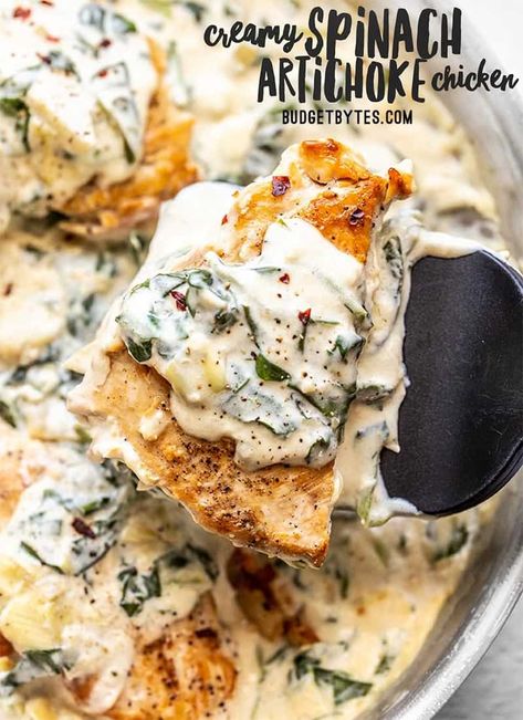 Creamy Spinach Artichoke Chicken Creamy Spinach Artichoke Chicken, Spinach Artichoke Pizza, Spinach Artichoke Chicken, Date Night Recipes, Budget Bytes, Artichoke Chicken, Soy Free Recipes, Egg Free Recipes, Cashew Chicken