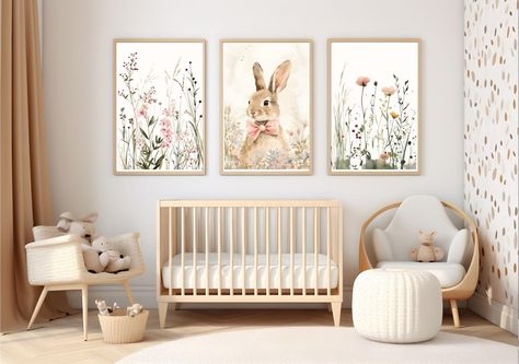 FRAMES ARE NOT INCLUDED, PRINTS ONLY Set of 3 Boho Bunny Nursery Wall Art Wildflower Prints. Prints are printed on a high quality 275gsm professional paper with professional equipment.  The prints will stand the test of time. Wrapped in tissue paper and rolled into a cardboard triangular tube. All of the packaging used is plastic free, too! The prints are available in the following sizes:- A5 A4 A3 A2 A1 Available in either a matte or lustre finish.    Estimated lead time is 3-5 working days bef Wildflower Baby Nursery, Girls Floral Nursery, Boho Nursery Art, Bunny Nursery Art, Wildflower Nursery, Girls Nursery Floral, Boho Wildflower, Floral Nursery Decor, Rabbit Nursery